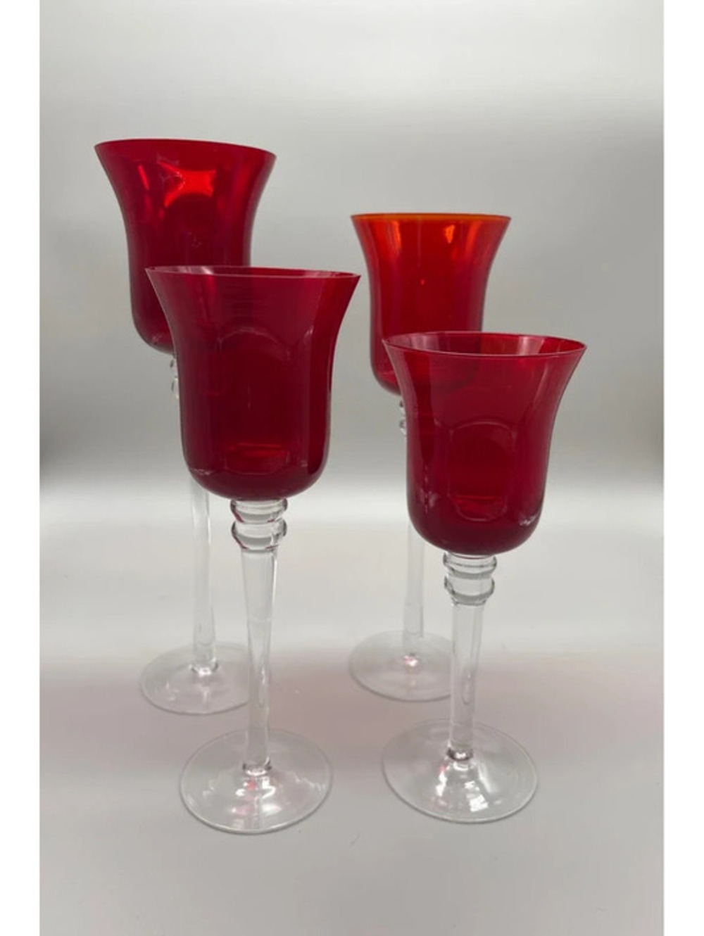 Ruby Red Votive Candle Holders Lot of 4 Clear Stem Glass 8"-12" Tiered Set